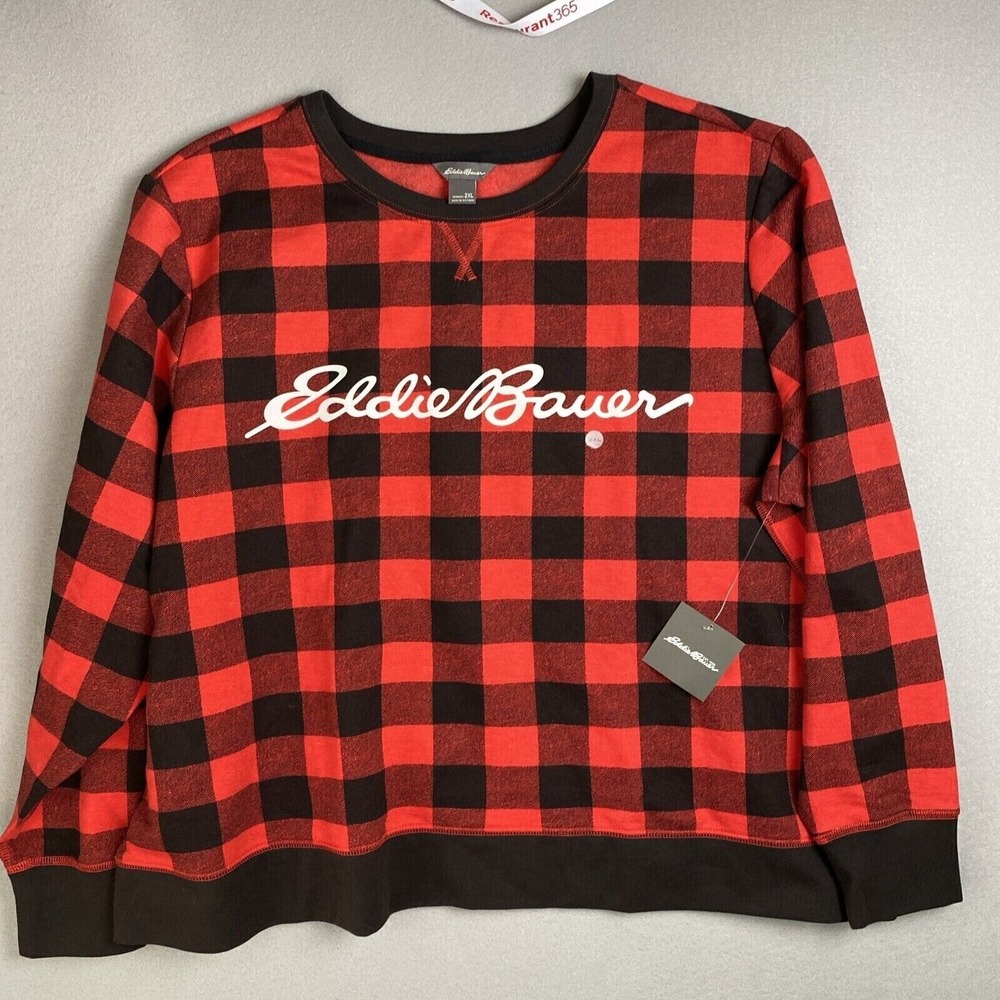 Eddie Bauer Womens 2XL Red Black Buffalo‎ Plaid Camp Fleece Sweatshirt Christmas